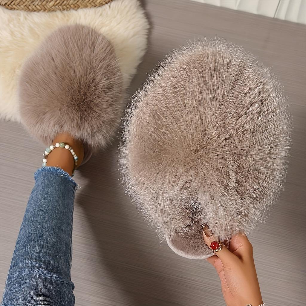 1 Pair Elegant Faux Fur Slippers for Women, Indoor/Outdoor House Shoes, Korean Style Warm Flat Non-Slip Rubber Sole, Pure Color, Fabric Lined