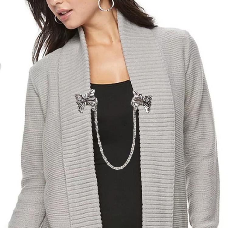 Elegant Antique Bowknot Sweater Shawl Clips Cardigan Dresses Clip Shirt Collar Clip with Metal Chain for Women Girls