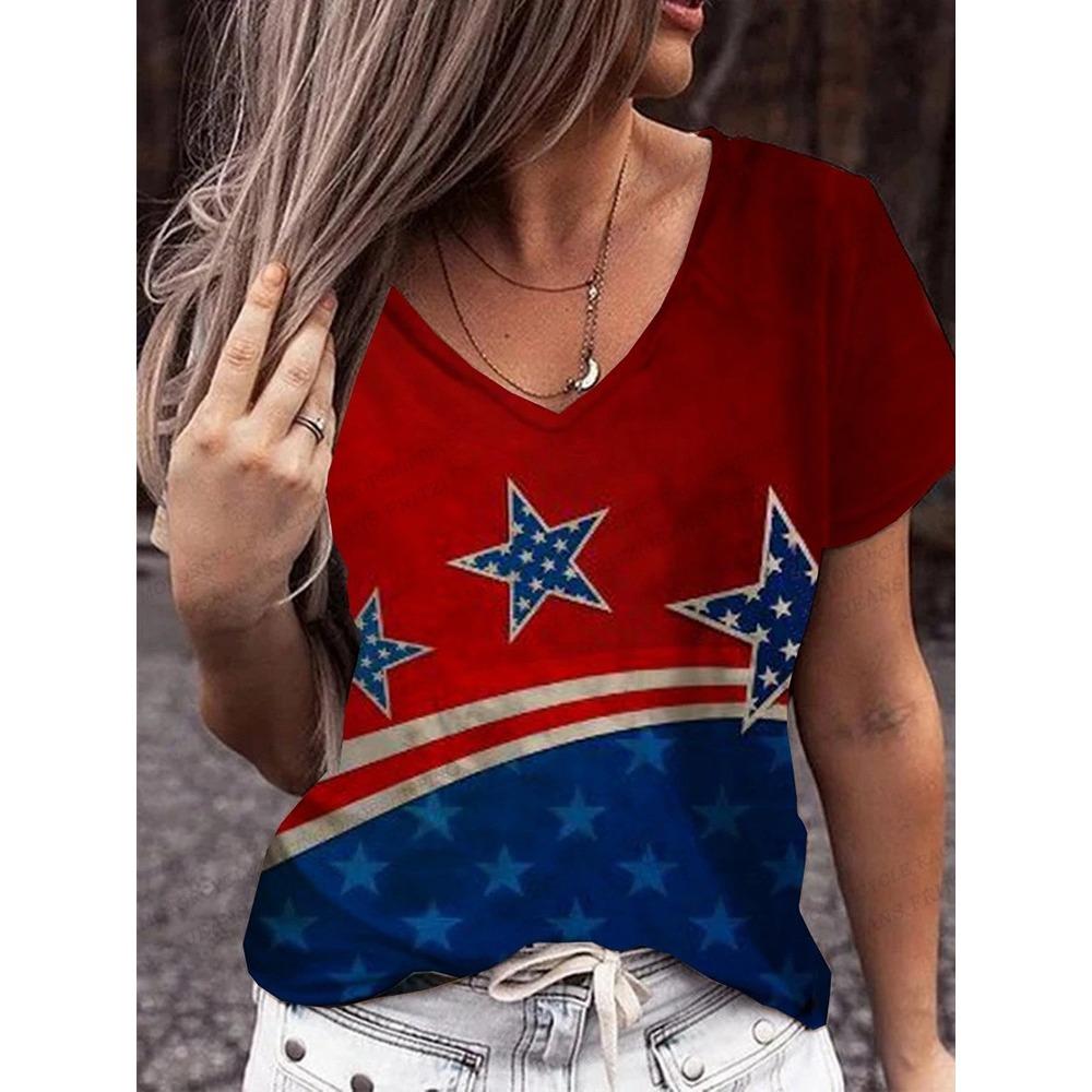 American Flag 3d Print T-shirt Women Fashion V-Neck T-shirts Short Sleeve Tops Tees Loose Casual Tees