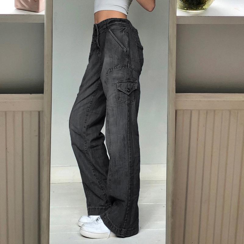 Tasche Jeans larghi impunturate Moda Streetwear Pantaloni in denim da donna Pantaloni cargo larghi Jeans coreani Pantaloni dritti Harajuku