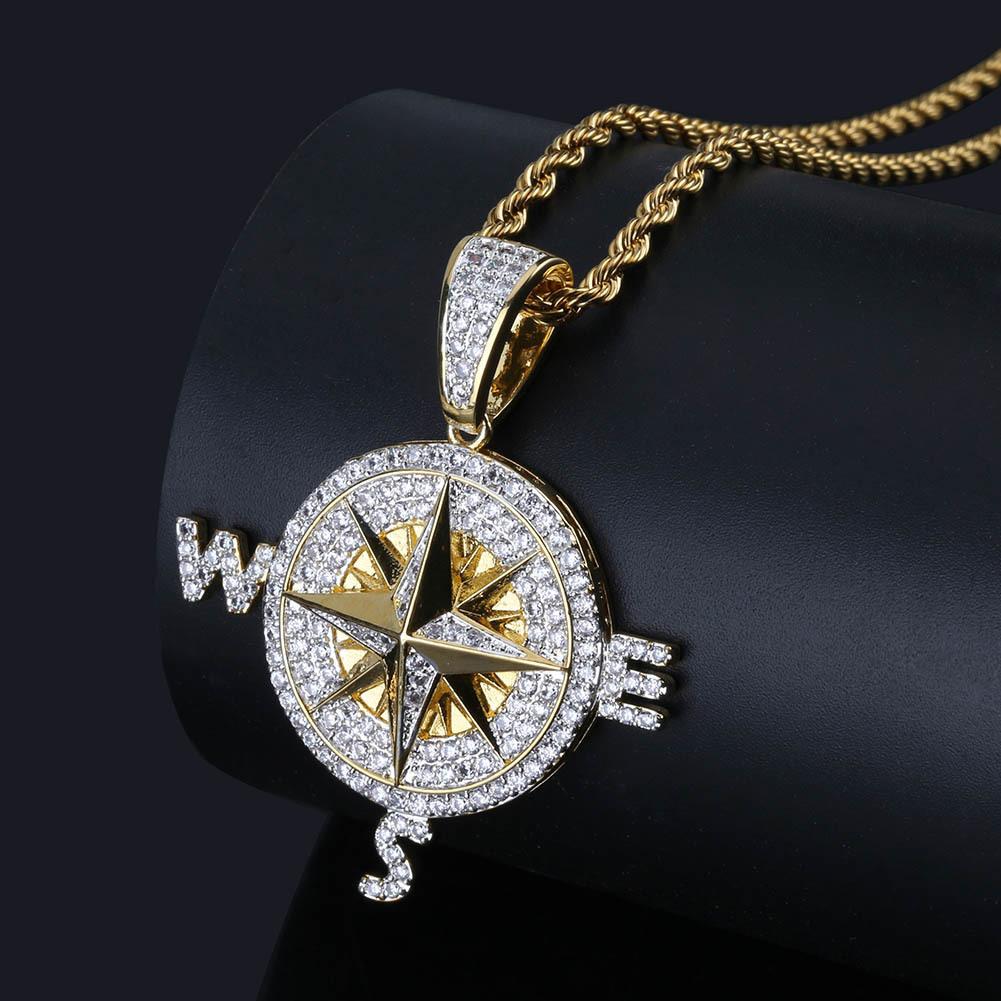 European and American Compass Compass Shaped Personalized Pendant Full of Zircon Trendy Brand Mens Necklace Accessories