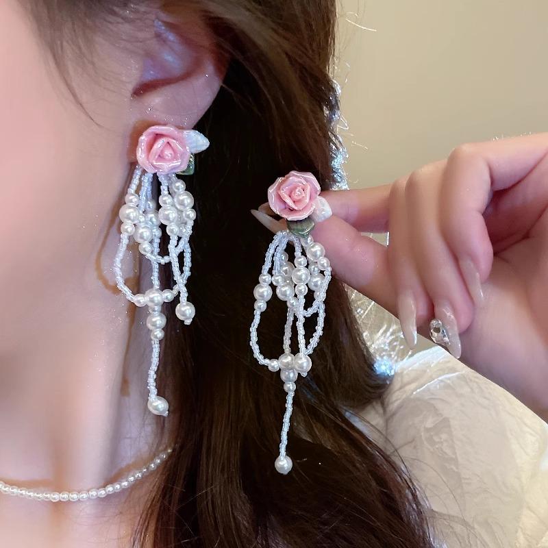 Silver needle court retro flower pearl bow fringed earrings elegant super fairy earrings suitable for summer