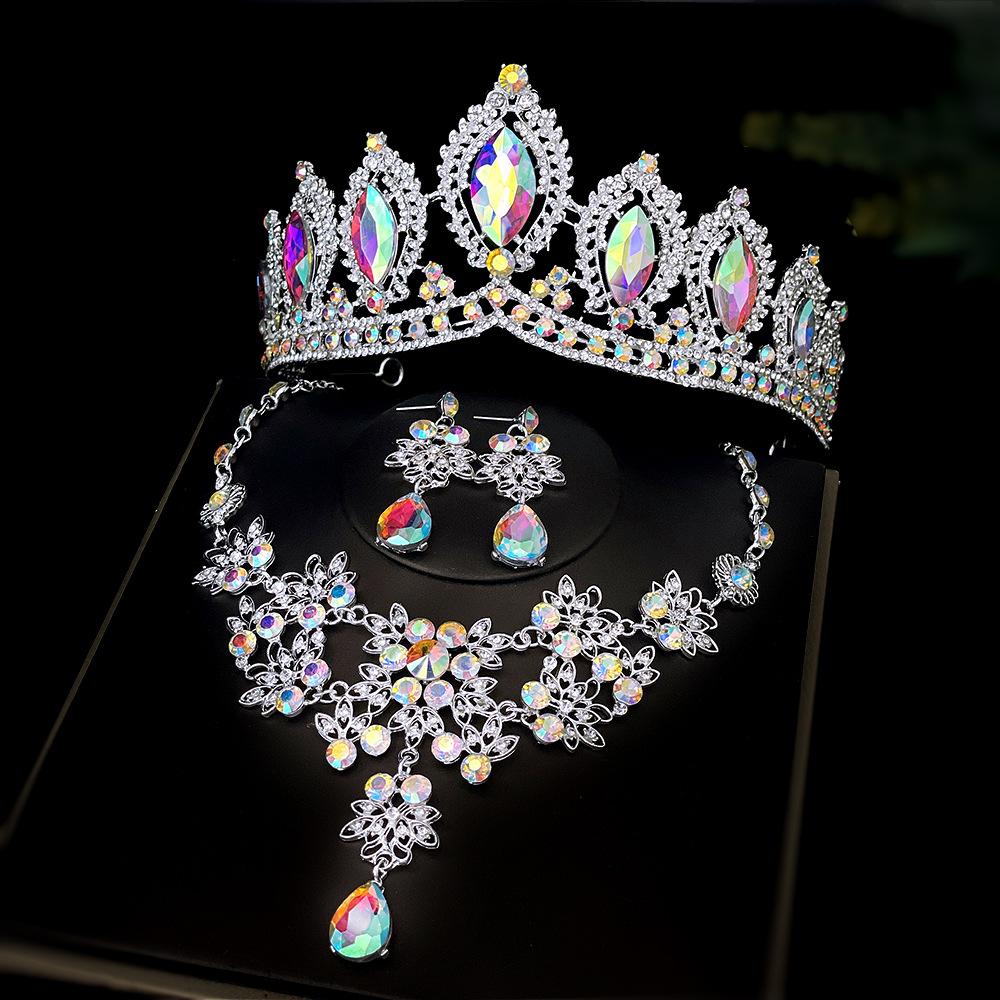 

Luxury Silver Color AB Crystal Bridal Jewelry Sets Rhinestone Tiaras Crown Necklace Earrings Set Wedding Dubai Jewelry