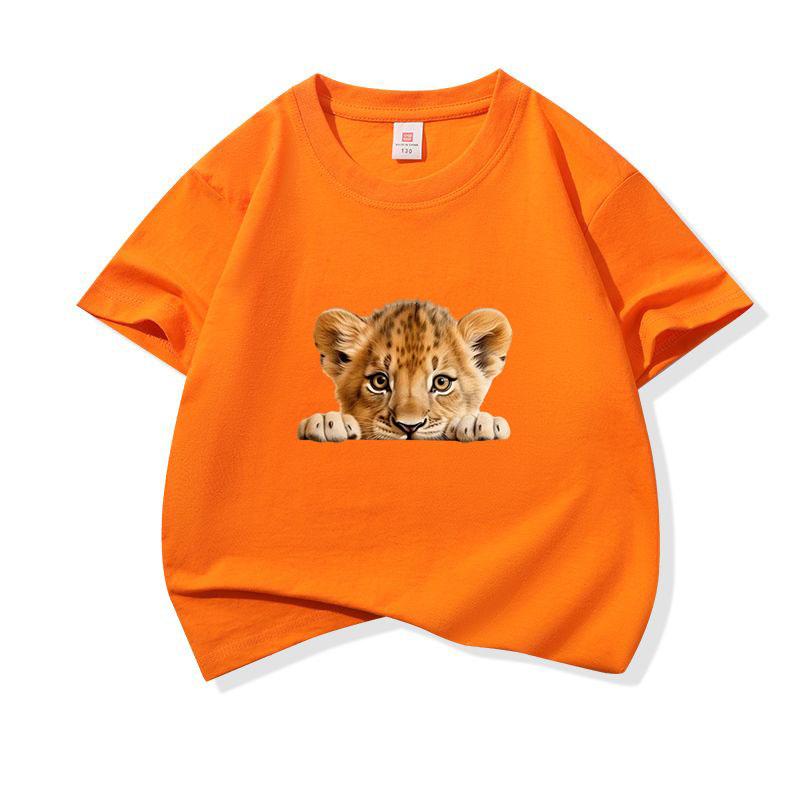Kids Cotton T Shirt Cute Peeking Lion Cub Print Crew Neck Short Sleeve Tee Casual Breathable Boys Girls Summer Tops