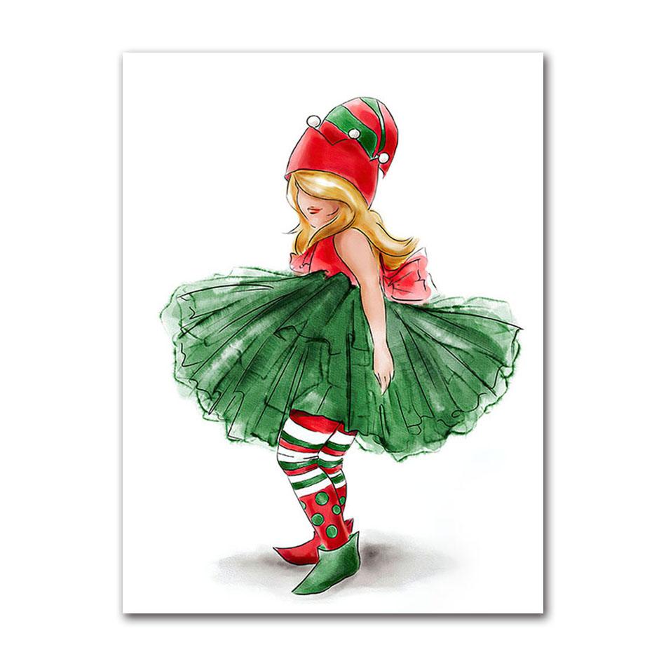 Merry Christmas Cartoon Boho Girls Santa Wall Art Canvas Painting Nordic Posters And Prints Wall Pictures Baby Room Home Decor