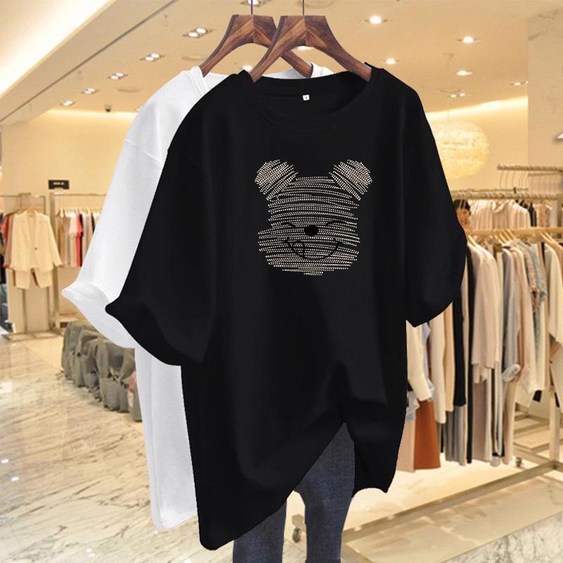 Women's Summer Loose Fit Cartoon Bear T-Shirt - Mid-Length, Round Neck, Short Sleeve, Versatile, Trendy Casual Style.