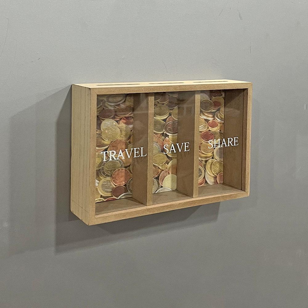 Detachable Wooden Money Saving Box with Three Compartments for Travel and Honeymoon, Wall-Mountable Storage Solution
