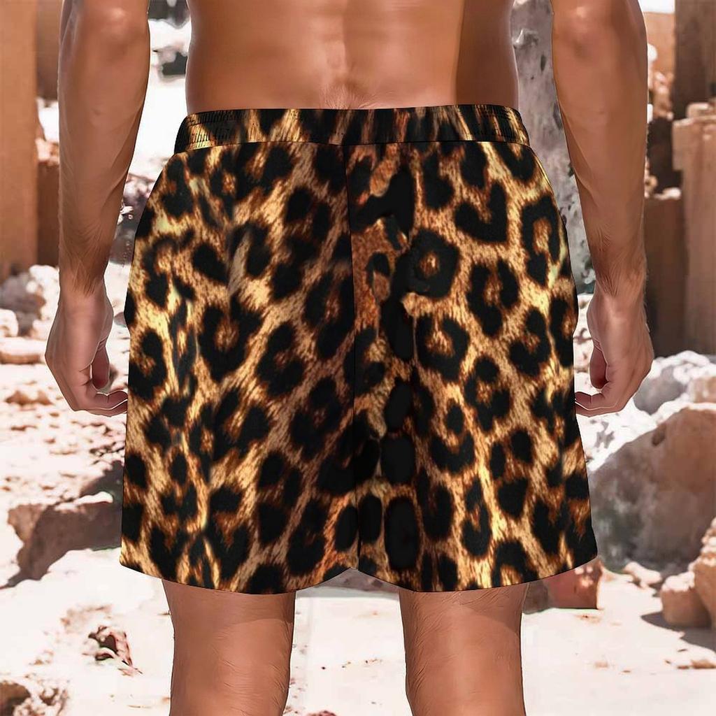 Men Drawstring Elastic Waist Shorts Brown Black Classic Full Leopard Animal Print Bottoms