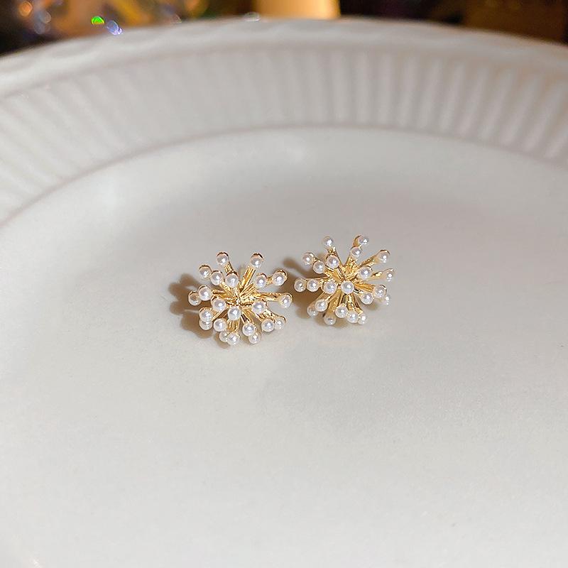 Real gold electroplated zircon pearl flower fritillary earrings simple stud earrings temperament earrings women