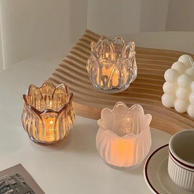 2PCS Creative Vintage Tulip Shaped Candle Holder Romantic Clear Candle Cup Mini Ornament Glass Candle Holder Household