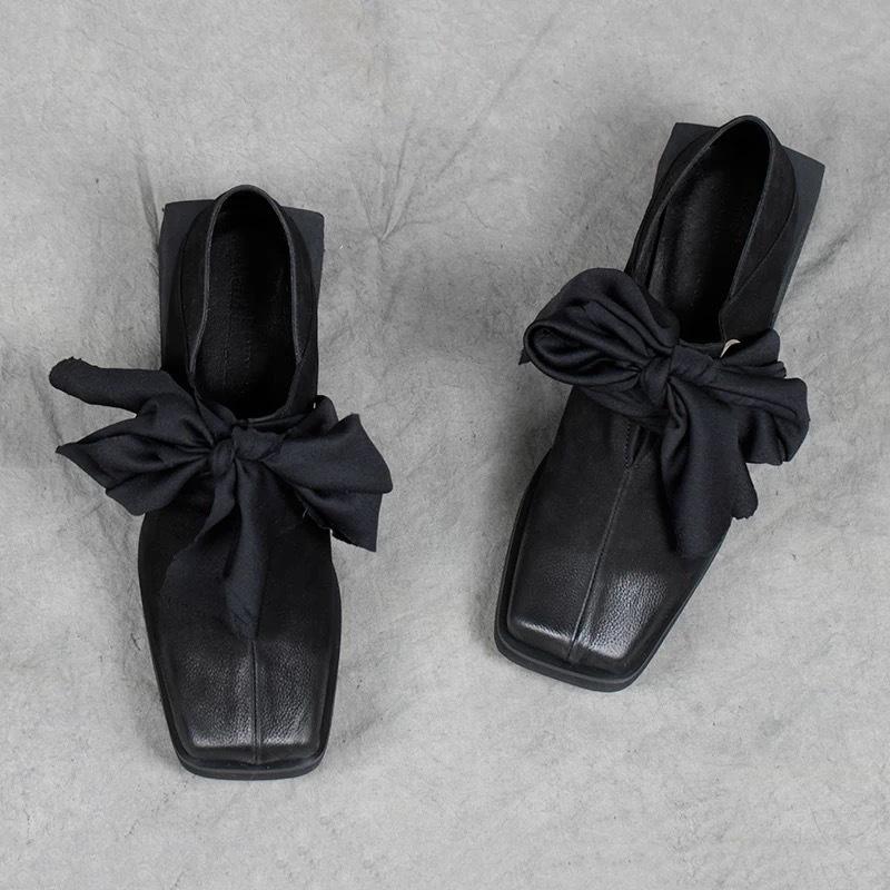 

Leather retro niche square head thick heel bow strap two wear loafers women s 2025 spring small leather shoes single shoes 40 чёрный