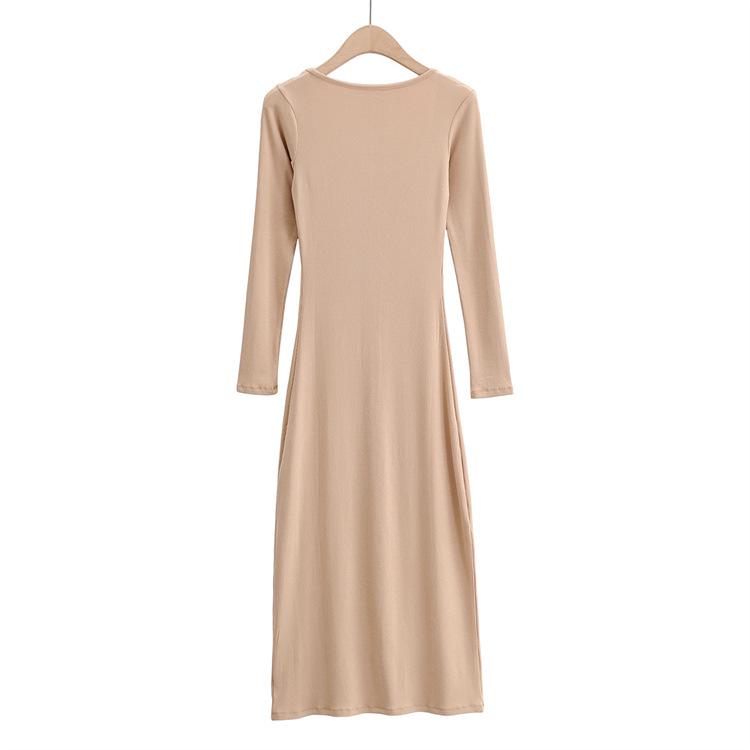 YPFF New Autumn Women's Slim Fit High Slit Long Sleeve Dress - Elegant, Sexy Solid Color Skirt