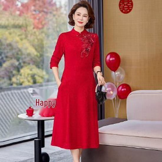 

Solid Color Long-Sleeve Mid-Length Dress for Women, Slimming and Belly-Hiding, Ideal for Middle-Aged and Elderly in Spring and Autumn 2XL красный