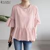 ZANZEA Women Casual Round Neck 3/4 Sleeve Loose Stripe Blouse
