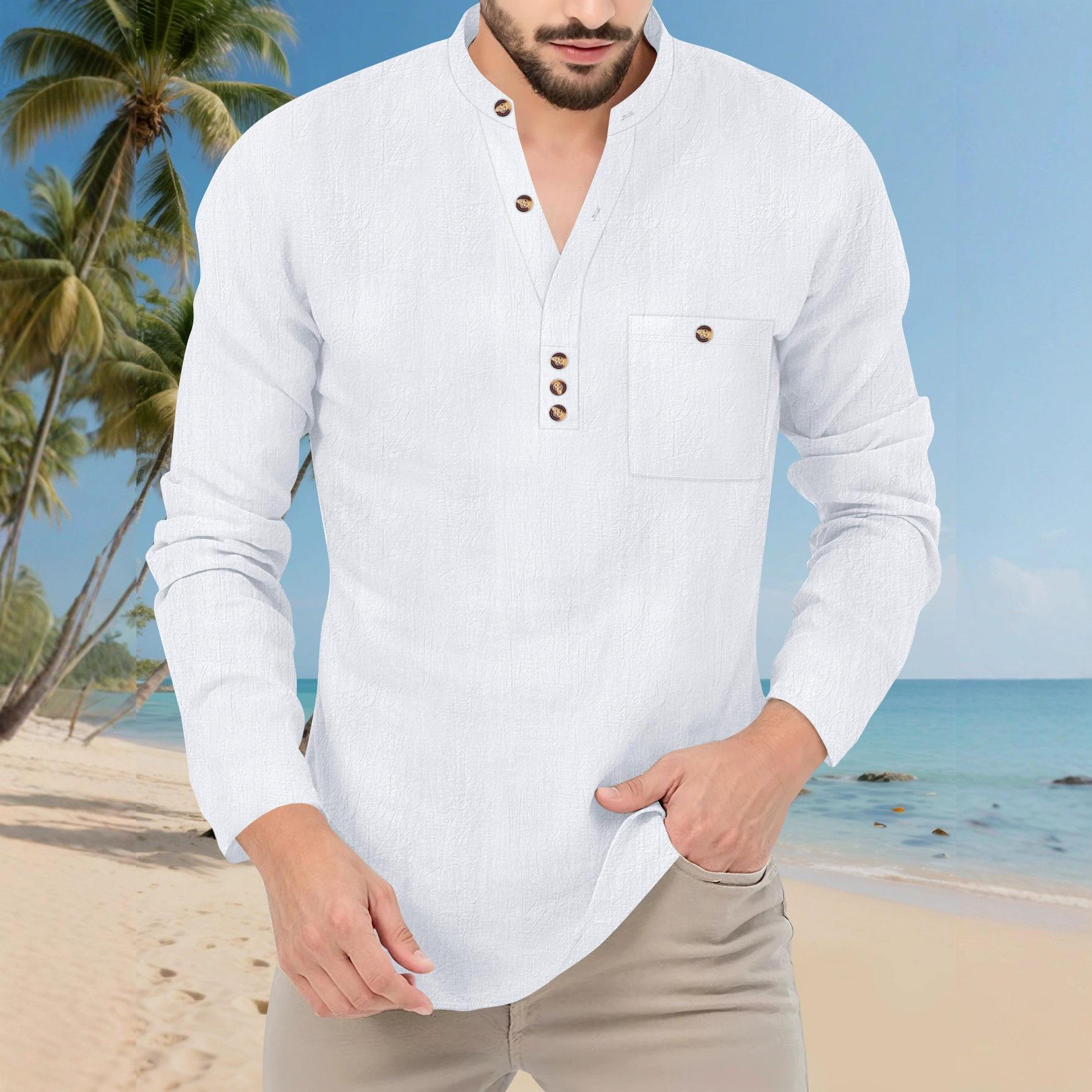 

Мужская рубашка с длинным рукавом и воротником-стойкой, весенне-осенняя, повседневная, однотонная, свободного кроя, мужской пляжный топ Vaion S белый