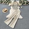 French Casual Striped Knit Two Piece Sets Women Short Sleeves O Neck Top Elegant Wide Legs Pants Summer Embroidery Loose Outdoor Suit