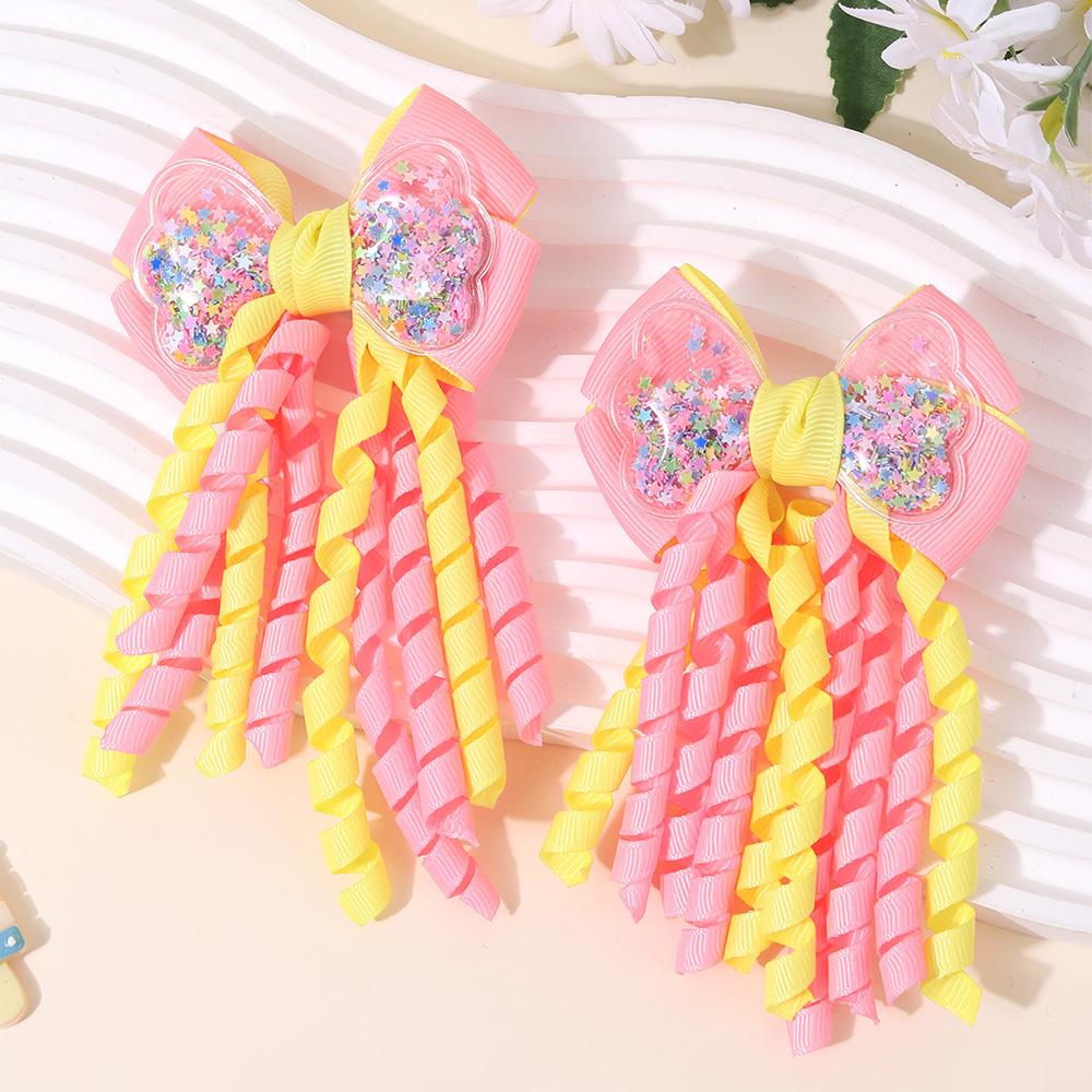 2Pcs Sweet Star Hair Clips Cute Stars Quicksand Tassel Ribbon Curly Bow Hairpin For Baby Girls Children Headdress Accessories