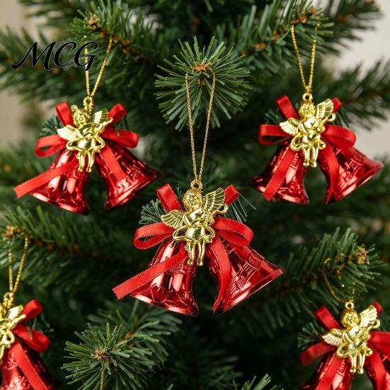 Durable Plastic Base Bell Christmas Ornament with Red Ribbon Bow, Small Jingle Thickened Electroplated Tree Hanging Decoration for Tree, Garland,