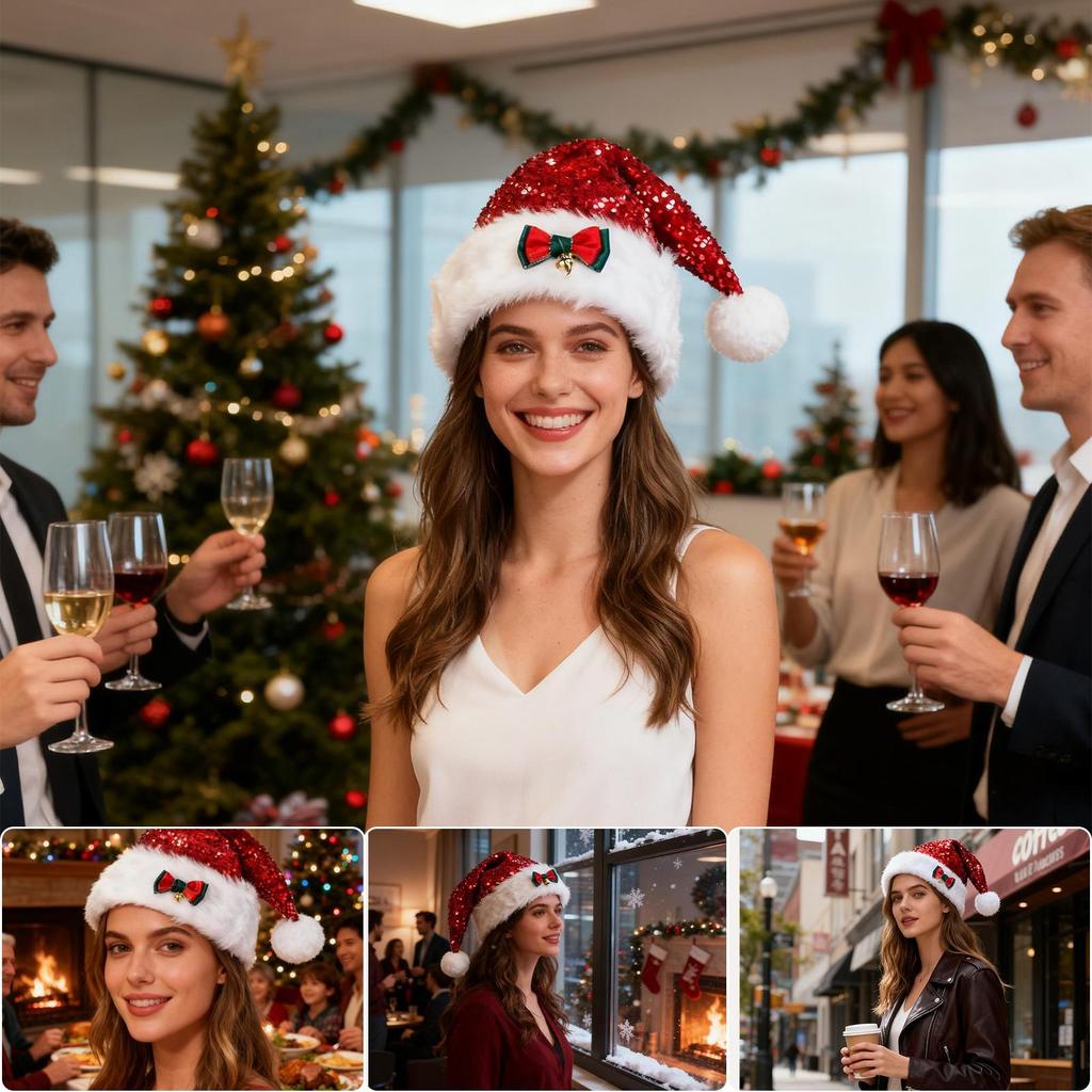 Weihnachtsmützen Erwachsene Pailletten Schleife Plüsch Warme Kopfbedeckung Groß Winter Feiertagsmützen Für Frauen Für Kostümparty Familienoutfit