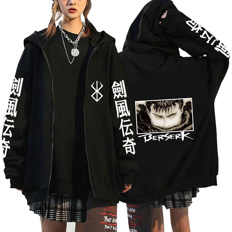 Berserk Reißverschluss Kapuzenpullover Herren Damen Langarm Sweatshirt Fleece Übergroß Jacken Mäntel Lustig Berserk Japanischer Anime Streetwear
