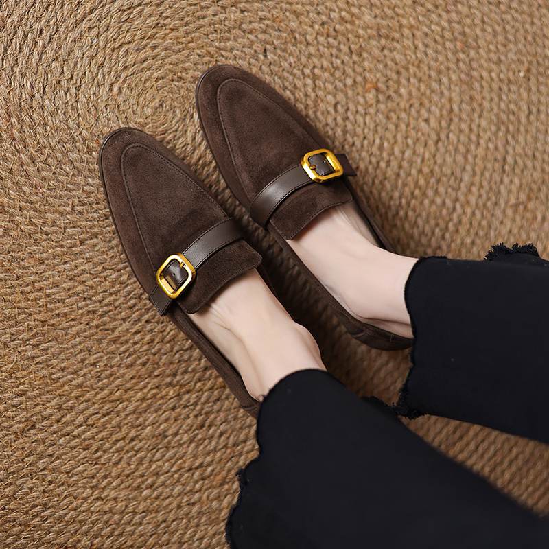 Krazing Pot Sheep Suede Autumn Winter Shoes Metal Buckle Loafers Med Heels Slip on Size 42 Round Toe Slip on Deep Mouth Pumps