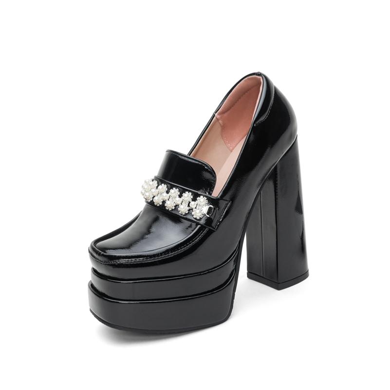 

Туфли-лодочки женские больших размеров с круглым плоским носком, аппликацией из блестящей лакированной кожи, на двойной платформе, с ультра-полым толстым каблуком на высоком каблуке 39 чёрный