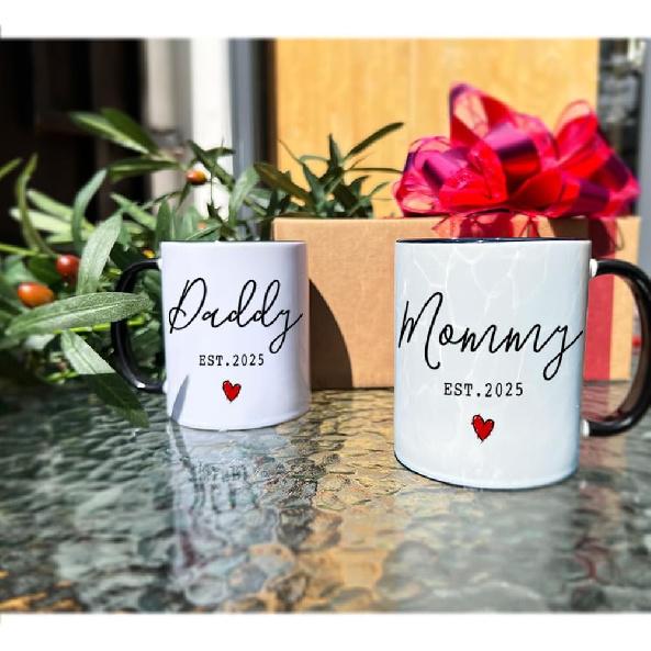 EST 2025 New Daddy & Mommy Coffee Mugs Set of 2, First Time Mommy Daddy Gift Prospective Parents Mugs Gift, EST 2025 Valentine's Day New Parents