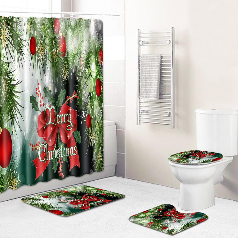 Christmas Shower Curtain Floor Mat Combination Four-Piece Set Bathroom Toilet Carpet Shower Room Mat Foot Mat