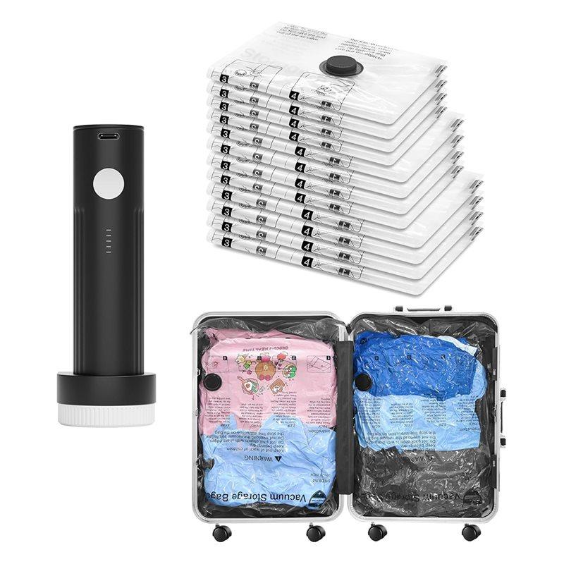 Portable Electric Pump Travel Vacuum Bags 12 Combo(4L/4M/4S), Compression Seal Cube For Luggage Organizer Storage