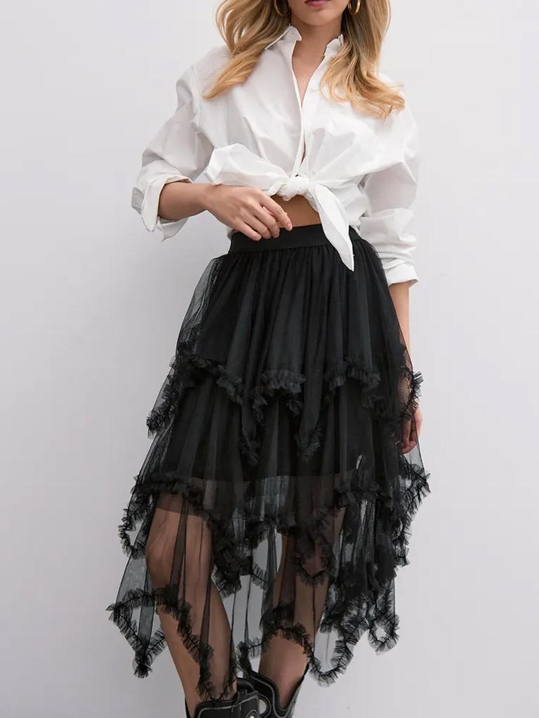 Damen Schwarzer Mesh-Rock Mode Unregelmäßiger Midirock Elegant Rüschen Y2k Stil Kleidung Elastischer Bund