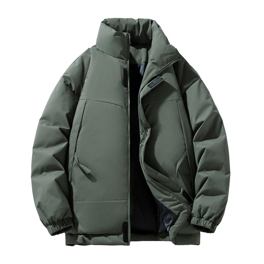 Men's Solid-color Casual Fleece Thickened Cotton-padded Jacket, Men's Fashionable Loose Stand-up Collar Zipper Cotton-padded Jacket