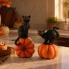 Seasonal Festive Atmosphere Props Halloween Black Cat Pumpkin Ornament, Vintage Wood Carving Style Party Decor Gifts Resin Figurine, Spooky