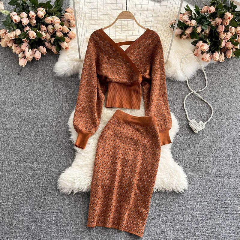 Fashion Comfy Women Dress Elegant Two Piece Set Knitted Tops And Pencil Skirts Office Style Ladies Skirt