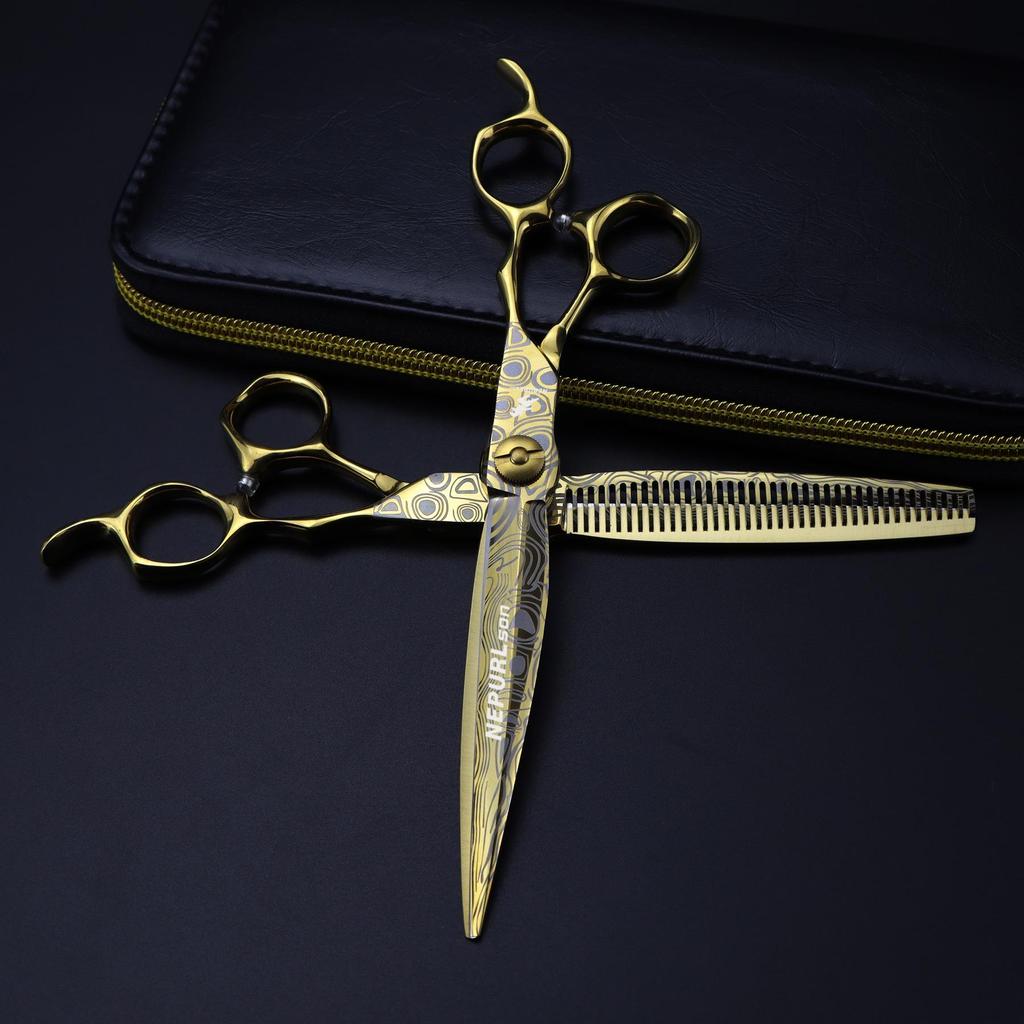 Gold 7" Damascus Steel Hairdressing Scissors - Barber Serrated Thinning Scissors