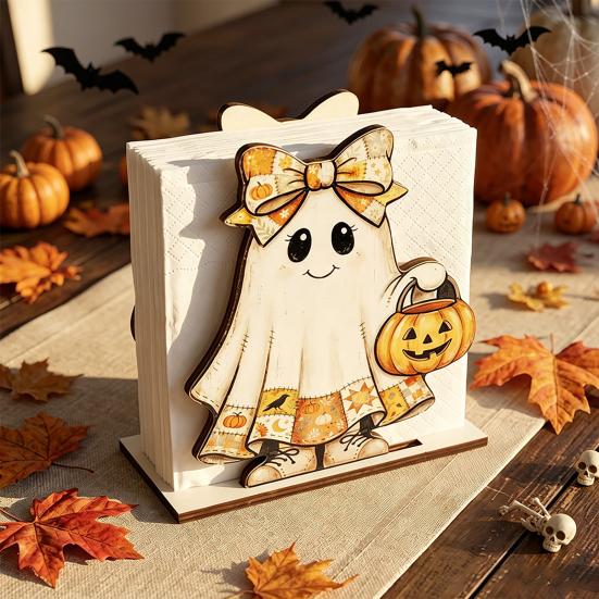 Teak Wood Napkin Stand Halloween Wooden Holder for Table Decor, Decorative Organizer Dispenser, Rustic Tabletop Cartoon Freestanding Paper Towel