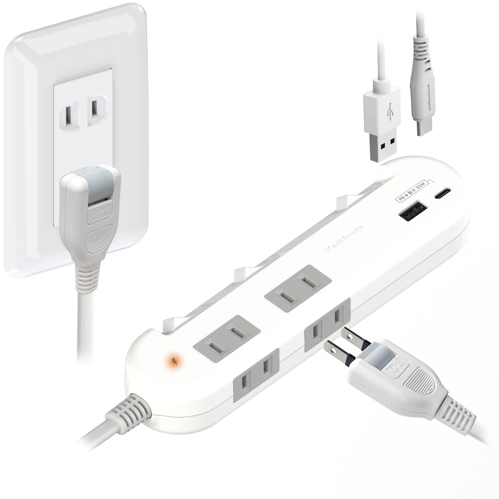 

Kashimura Compact Switch with Lightning Surge Protection, 4 AC Power Strips, 1 USB-A, and 1 USB-C, PD20W Charging Support, 1.2m, NAC-058