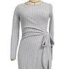 Women Fall Winter Knitted Solid Color Wrap Dress Hollow Out Lace Up Waist Round Neck Long Sleeve Irregular Hem Elastic