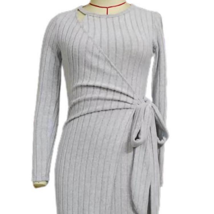 Women Fall Winter Knitted Solid Color Wrap Dress Hollow Out Lace Up Waist Round Neck Long Sleeve Irregular Hem Elastic