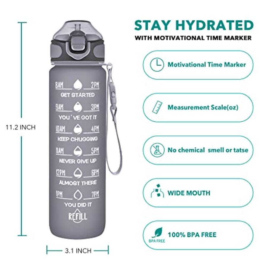 32 Oz Drinking Water Bottle with Times To Drink and Straw Motivational with Carrying Strap Leakproof BPA Toxic Free Ensure You