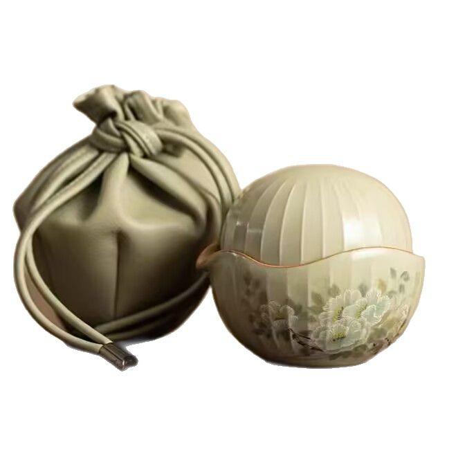 Secret Yellow Spherical Round Fusion Kuaike Ru Kiln A Pot And A Cup Of Travel Tea Set Flower And Bird Picture Outdoor Portable Tea Set Small Set