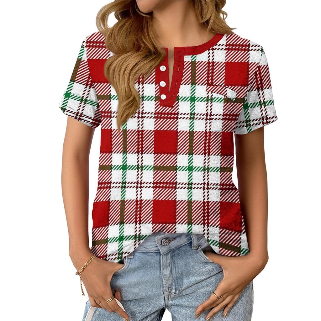 Dámský Módní Ležérní Letní Kostkovaný V-výstřih Knoflíky Krátký Rukáv Top