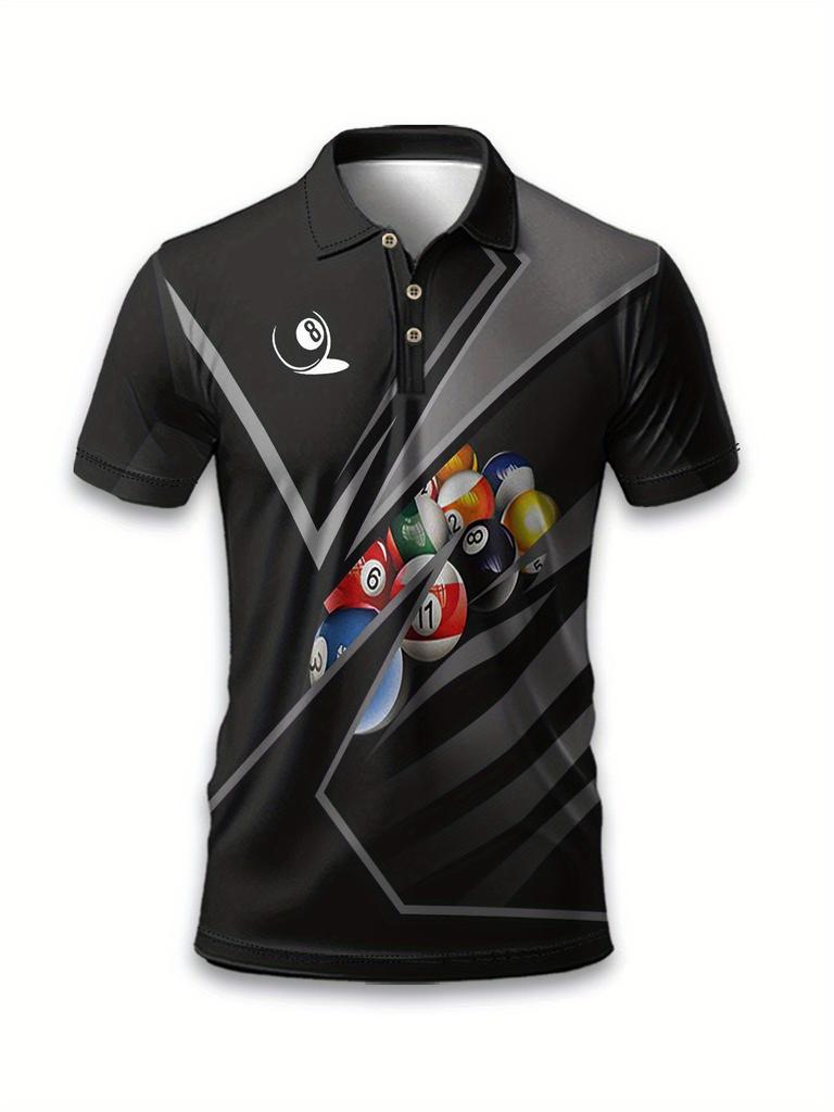 Men'S Billiard Pattern Print Short-Sleeve Polo Shirt, Casual Lightweight Breathable Top