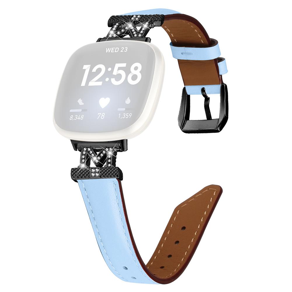 

Watch Strap for Fitbit Versa 3/Versa 4/Sense/Sense 2 M Shape Rhinestone Decor Genuine Cowhide Leather Band with Black Buckle Blue