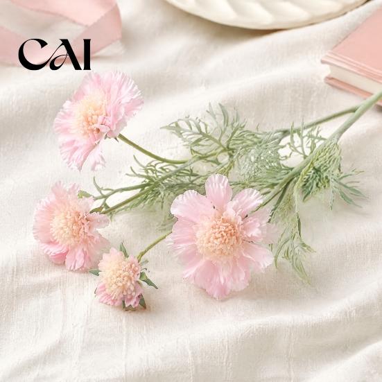 Three Dimensional Silk Flower Heads Artificial Scabious Flowers with Bendable Long Stems, Realistic Faux Versatile Decorative for Home Table