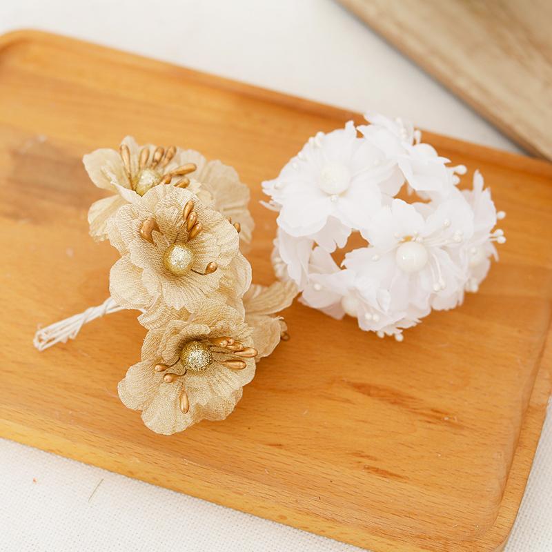 6pcs Golden Artificial Flowers Small Bouquet Christmas Wedding Home Decor Scrapbook Fake Plant Gift Box Wreaths Party Accessory