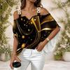 Damen Übergröße Off-Shoulder Träger mit Metallschnalle V-Ausschnitt Kurzarm Holografischer Regenbogen-Print Oberteil