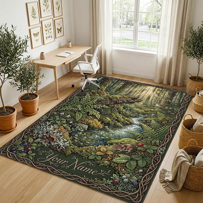 Forest Theme Soft Crystal Velvet Rug Custom Name & Text Print Non Slip Floor Rug for Bedroom Living Room