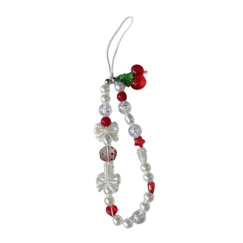 

Cherry Theme Phone Chain Pearls Beaded Camera Wrist Strap Cuteness Charm Lanyard for Decorating Phones and Keychains 1