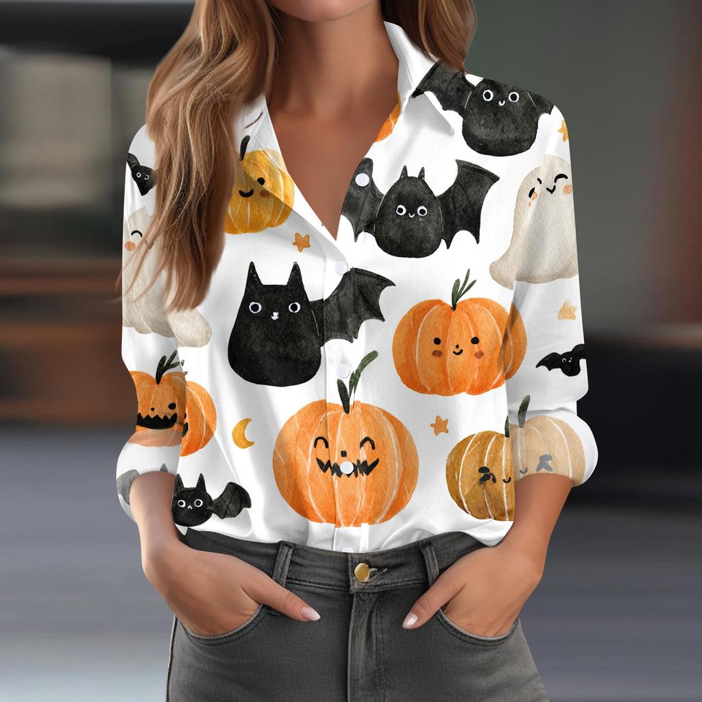 Damen Halloween Bedrucktes Lässiges Halbgeöffneter Kragen Langarmhemd