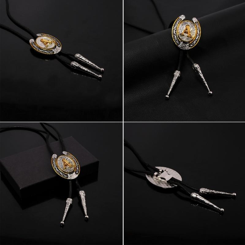 Unisex Adjustable Faux Leather Rope Bolo Tie with Metal Initial Letter Pendant Western Necklace Vintage Necktie Neckwear